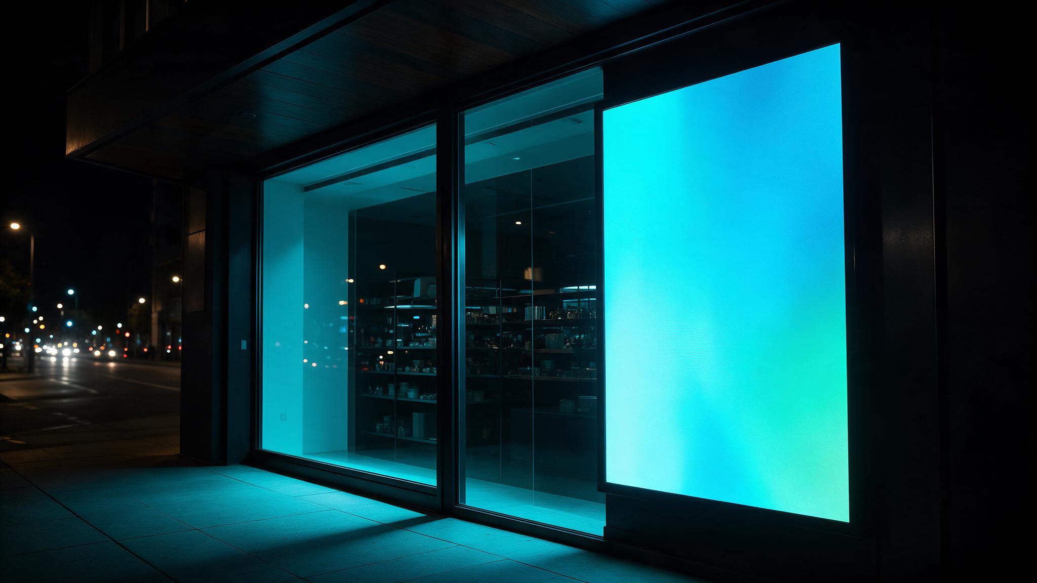 Escaparate de tienda de noche con una pantalla Wabely de alto brillo